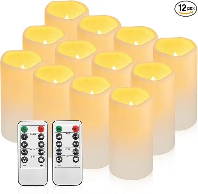 12PACK Waterproof Flameless Candles with Remote Control Candle, Battery Operated Flickering LED Pillar Candle Plastic,Large Size(D3 x H5.5) for Outdoor/Indoor Decoration Wedding, Party, Birthday by GreenHaven Gardens
