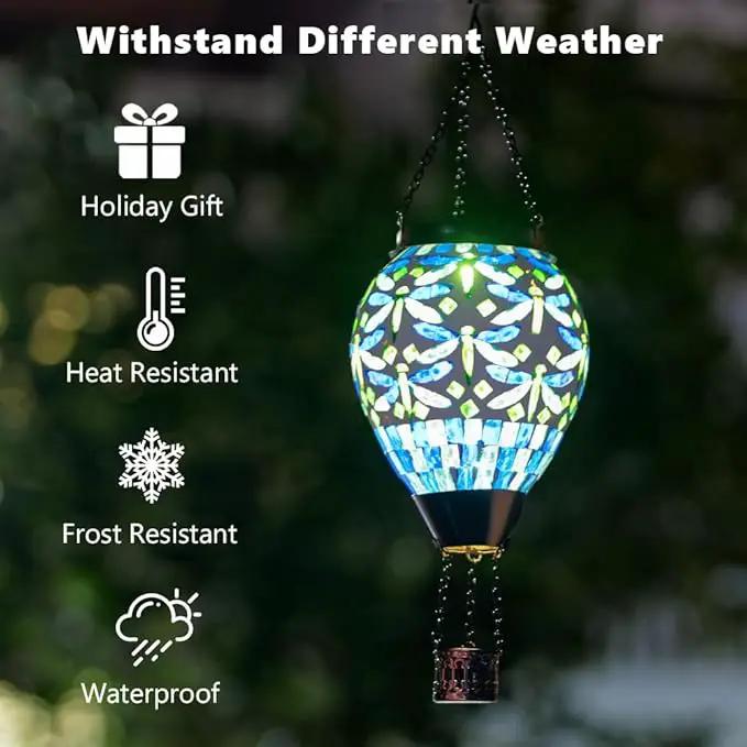 Starsoul Mosaic Dragonfly Hot Air Balloon Solar Lantern Glass Outdoor Hanging Hot Air Balloon Solar Flickering Flame Light Waterproof Garden Patio Yard Party Decorations by GreenHaven Gardens