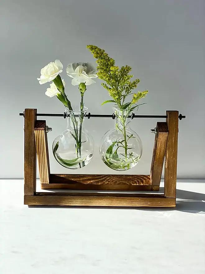 Kingbuy Glass Desktop Planter with Retro Wooden Stand and Plant Terrarium vase (2 Bulbs) for Indoor Office Desk Decor Accessories by GreenHaven Gardens