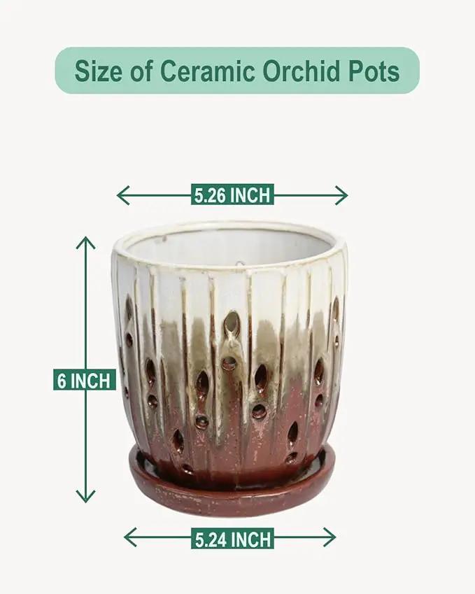vensovo 6 Inch Ceramic Orchid Pot - Orchid Pot with Holes for Repotting, Ceramic Planter with Saucer for Indoor/Outdoor Plants, Brown by GreenHaven Gardens