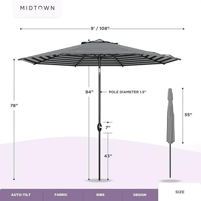 Midtown Umbrellas Sunbrella Umbrella 9 Feet Outdoor Umbrella With Black & White Acrylic Fabric - Auto-Tilt Aluminum Frame Patio Umbrella For Backyard, Deck, Garden, Pool - Black Pole by GreenHaven Gardens