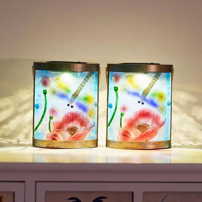Starsoul 2 Pack Hanging Solar Lantern Outdoor Waterproof Glass Dragonfly and Lotus Decorative Solar Lights for Outside Garden Yard Table Patio Decor by GreenHaven Gardens