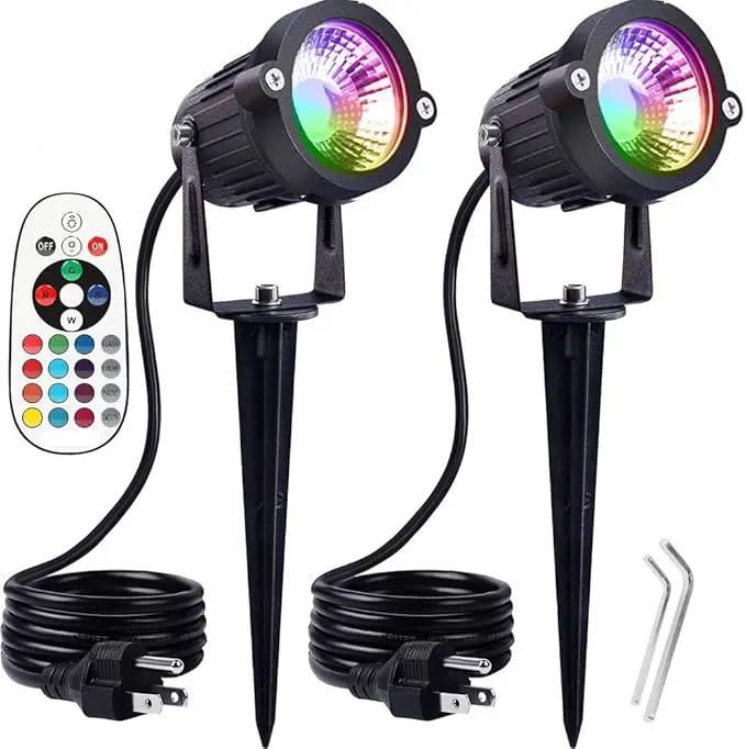 Pack of 2, Outdoor LED Landscape Lights Waterproof Spotlight with Spike Stand and Plug for Driveway, Outdoor Lawn Lighting, Flood Garden, Yard (6W Plug RGB) by GreenHaven Gardens