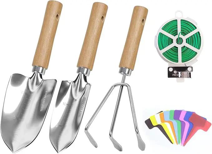 Garden Tool Set, 3 Pieces Gardening Kit with Garden Plant Twist Tie and Plastic Plant Tag, Stainless Steel Heavy Duty Garden Tools with Wooden Handle, Gardening Gifts for Women by GreenHaven Gardens