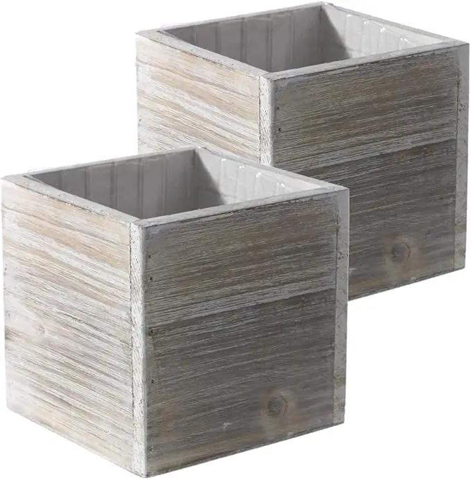 Wooden Planter Box, Rustic Barn Whitewash with Plastic Liner l Garden Decor l Restaurant and Wedding Decorations l Wedding Bouquets, Table Centerpiece (6x6 Set of 2, Whitewash) by GreenHaven Gardens