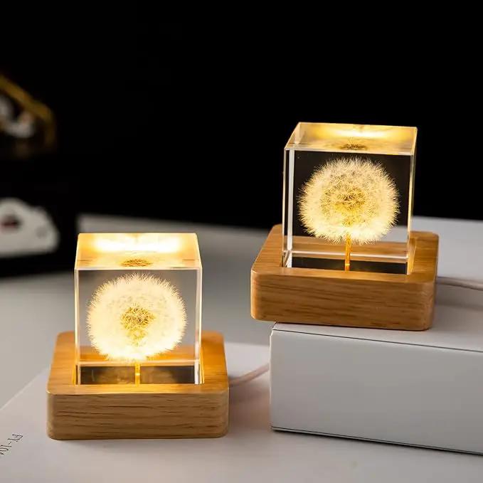 Flower Crystal Ball Night Light,2.4 inch Glass Ball Night Lamp with Woodern Base (Dandelion 1) by GreenHaven Gardens