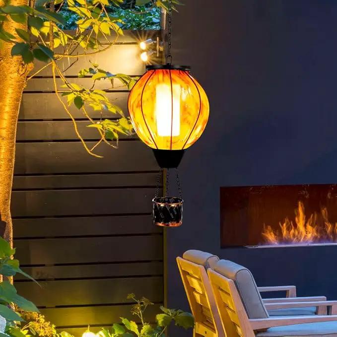 2PCS Hot Air Balloon Solar Lanterns with Flickering Flame,Yellow Glass Hanging Solar Lanterns Outdoor Waterproof Hot Air Balloon Light for Patio Tree Yard Garden Decor,Garden Gift for Women by GreenHaven Gardens