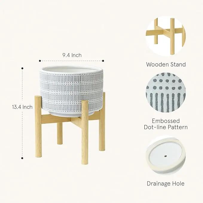 LA JOLIE MUSE Ceramic Plant Pot with Wood Stand - 9.4 Inch Modern Round Decorative Flower Pot Indoor with Wood Planter Holder, Slate Blue and White by GreenHaven Gardens