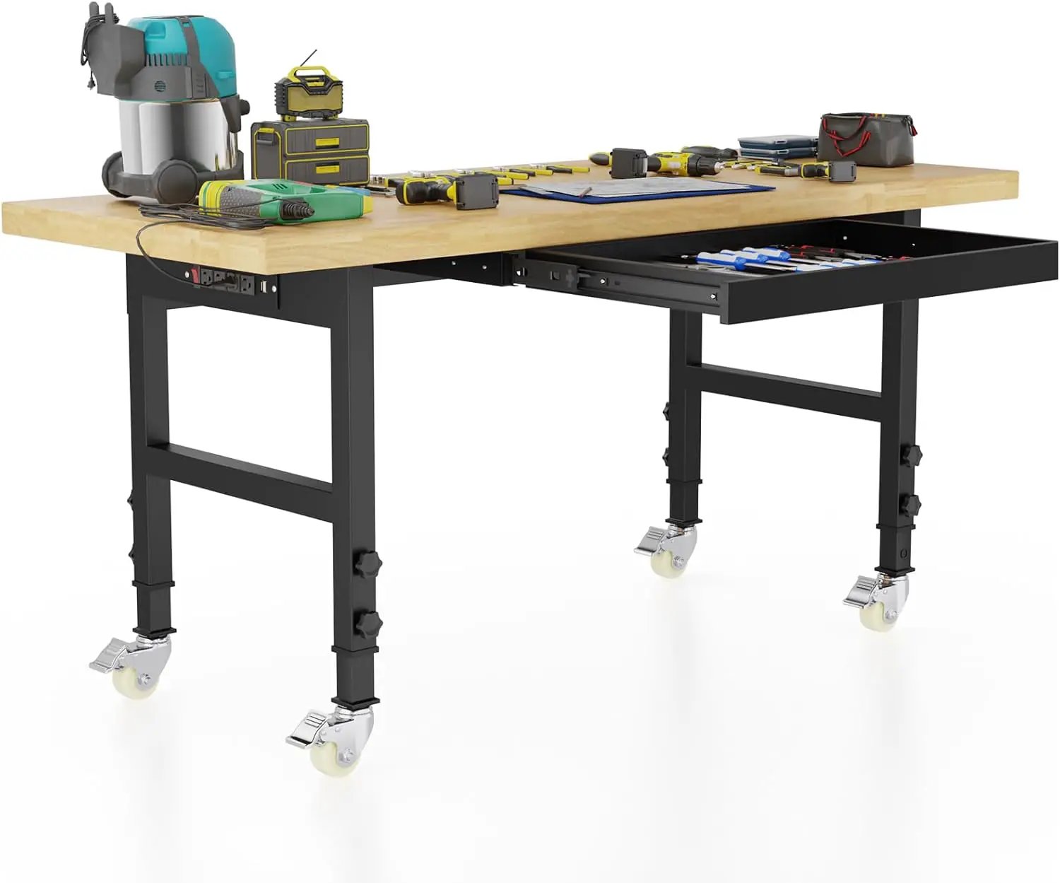 60'' Adjustable Workbench, Solid Wood Work Bench Table with Wheels and Power Outlet, Rolling Workbenchs with Drawers, Large Load Capacity Garage Workbench for Workshop,Office,Home by GreenHaven Gardens