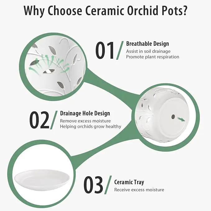 EFISPSS Orchid Pots with Holes, 7 Inch Orchid Pots with Drainage Holes and Tray, Indoor or Outdoor Ceramic Flower Pot for Orchid Care, Promoting Air Circulation and Drainage Plant Pot - White by GreenHaven Gardens
