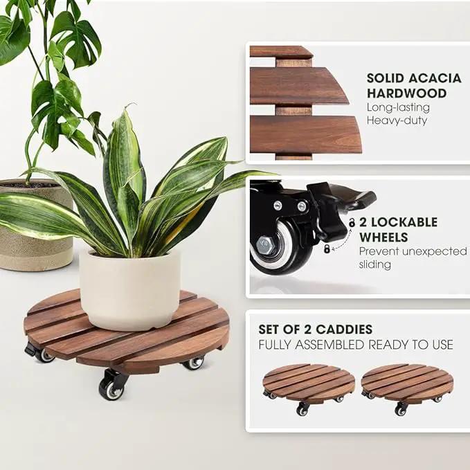 2pack Wood Plant Caddy With Wheels Heavy Duty Red Brown, 264 Lbs Capacity, 12 Inch Acacia Hardwood Plant Dolly, Plant Stand with 360° Lockable Wheels for Plant Pots, Heavy Objects Hauling by GreenHaven Gardens