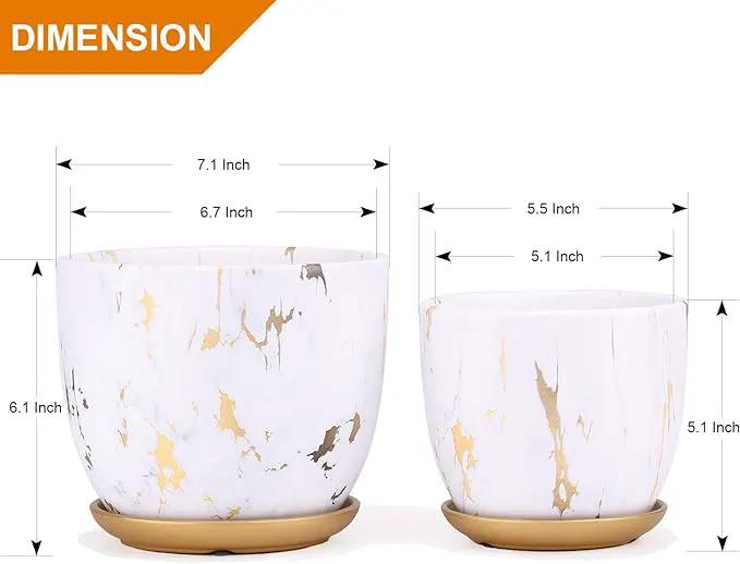 7 Inch Ceramic Plant pots (Set of 2), 7 Inch 5.5 Inch Modern Flower Planter, Gold Marble Gardening Pots with Drainage Hole and Saucer for Outdoor Indoor Yard Garden Home Office Decoration. by GreenHaven Gardens