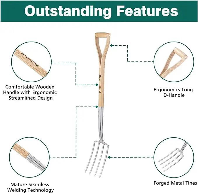 Berry&Bird Gardening Digging Fork, 4-Tine Stainless Steel Pitchfork, 43.9" Heavy Duty Spading Fork with D-Grip Handle and Ergonomic Ash Wood Handle for Digging, Planting, Cultivating, Aerating by GreenHaven Gardens