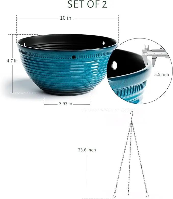 2 Pack Hanging Planters for Indoor Outdoor Plants, 10 Inch Hanging Planter with Drainage Hole & Plug Glazed Hanging Baskets Flower Pots for Garden Home (Blue) by GreenHaven Gardens