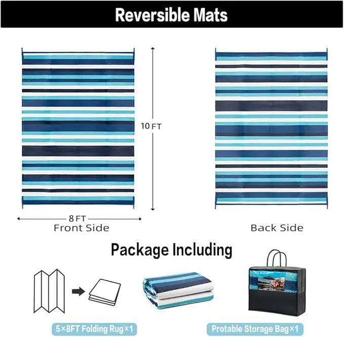 Outdoor Waterproof Rug 8'x10' Plastic Straw Rugs Washable Reversible Floor Mat Blue Stripe Carpet for Camping RV Deck Entryance Porch Picnic Balcony Beach Backyard by GreenHaven Gardens