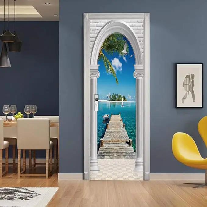 3D Door Stickers Murals - Landscape - Peel and Stick - Waterproof & Washable - Matt Finish - 35.4" x 78.7" - White - Door & Wall - Tropical - Adult by GreenHaven Gardens
