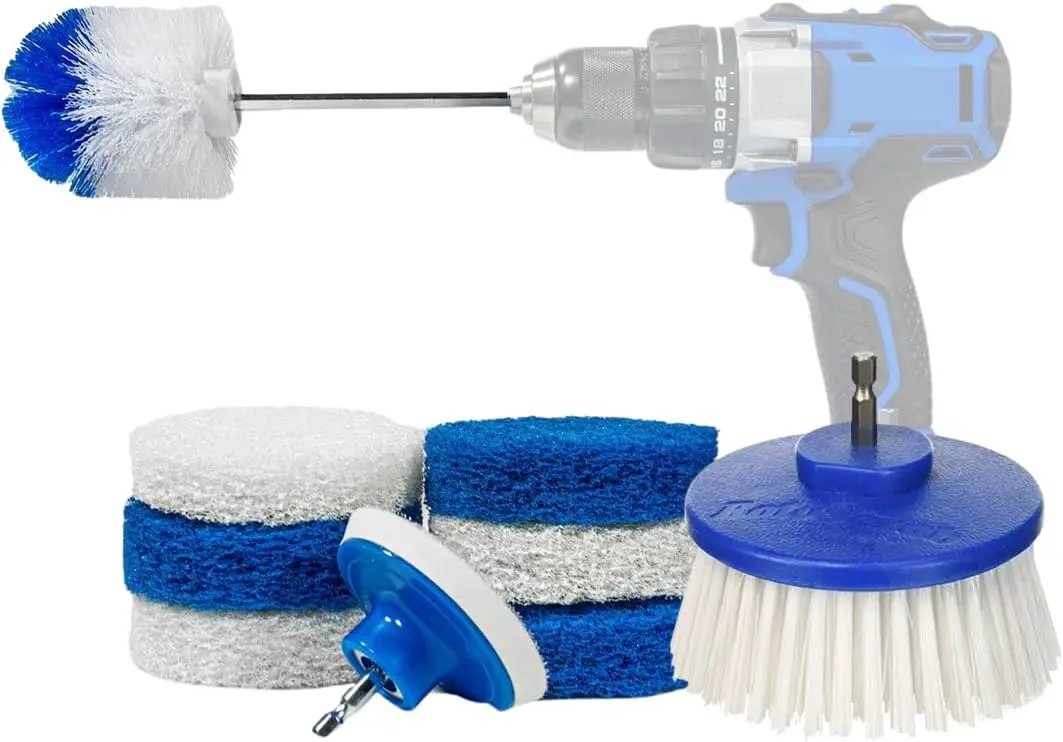 9 Pack Multi-Purpose Home Cleaning Accessory Drill Kit, Bathroom Scrub Pads, Extended Reach Round Brush Attachment Set by GreenHaven Gardens