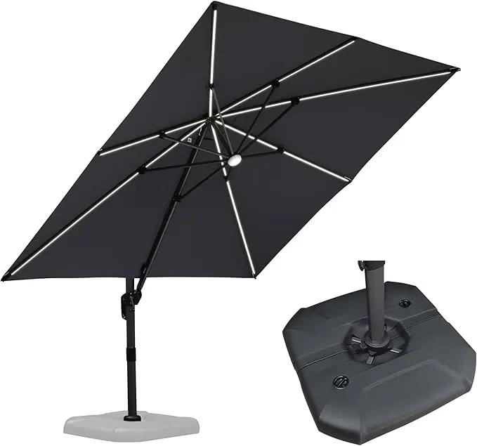 PURPLE LEAF 10 Feet Patio Umbrella with Base Outdoor Cantilever Solar Powered LED Square Umbrella Aluminum Offset Umbrella with 360-degree Rotation for Garden Deck Pool Patio Light Grey by GreenHaven Gardens
