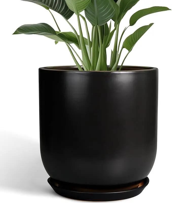 Ceramic Planter Pot - 12 Inch Large Plant Pot with Drainage Hole and Saucer Modern Flower Pot for Indoor Outdoor Plants Home Garden Decor Black by GreenHaven Gardens