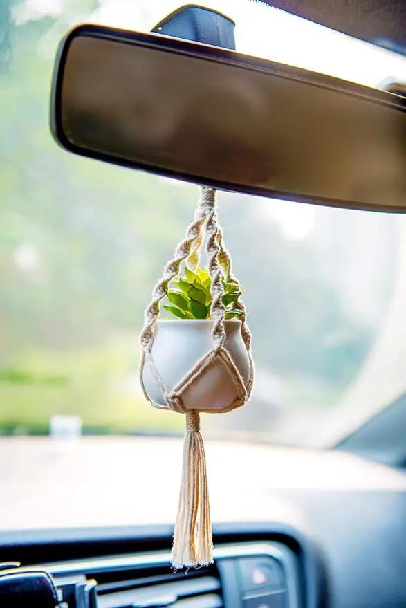 Dahey Mini Macrame Plant Car Accessories Rear View Mirrior Charm Cute Hanging Rearview Car Decor Boho Hanger with Artificial Succulent for Plant Lover, 2 Pcs, 10.5 inch, White by GreenHaven Gardens
