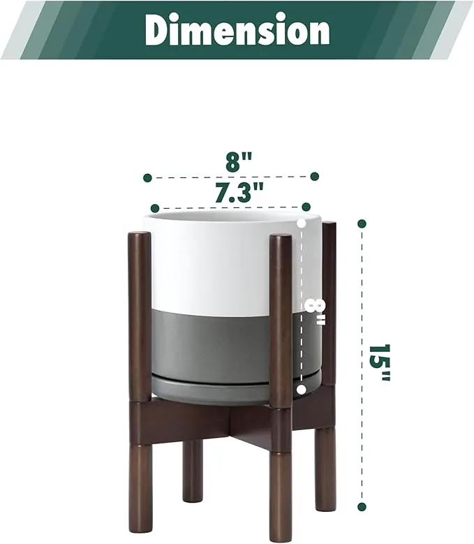 D'vine Dev Ceramic Planter with Walnut Color Stand - 8 Inch Modern Round Flower Pot with Wood Planter Holder, White/Grey, 55-B-Y-6 by GreenHaven Gardens