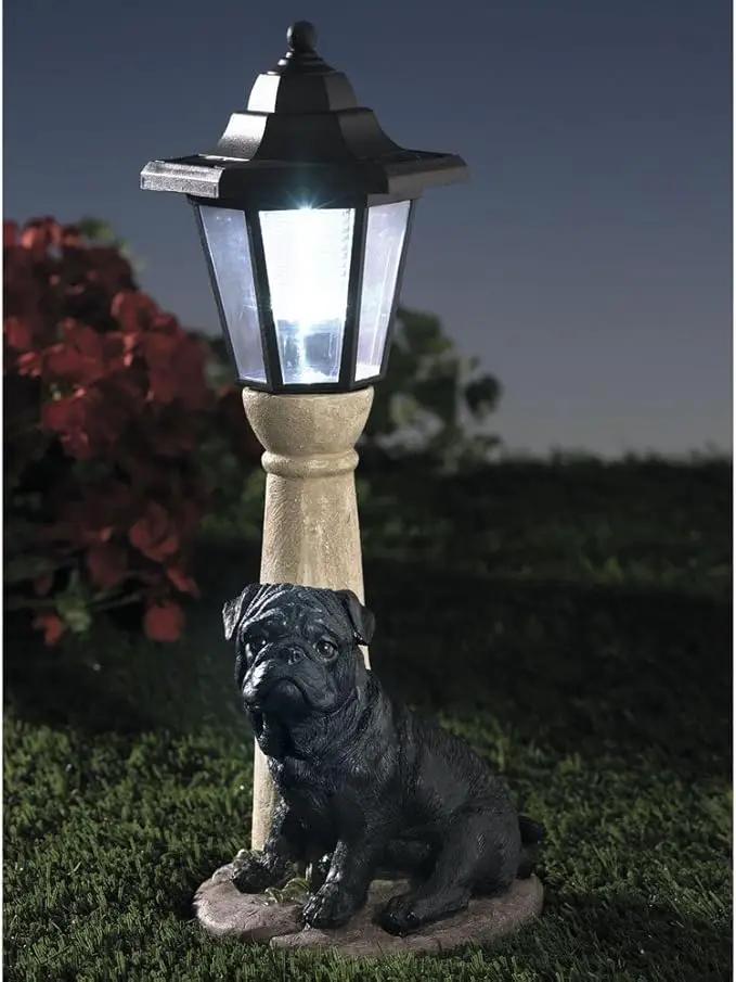 Bits and Pieces - Solar Dog Lantern-Solar Powered Garden Lantern - Resin Dog Sculpture with LED Light (Black Pug) by GreenHaven Gardens