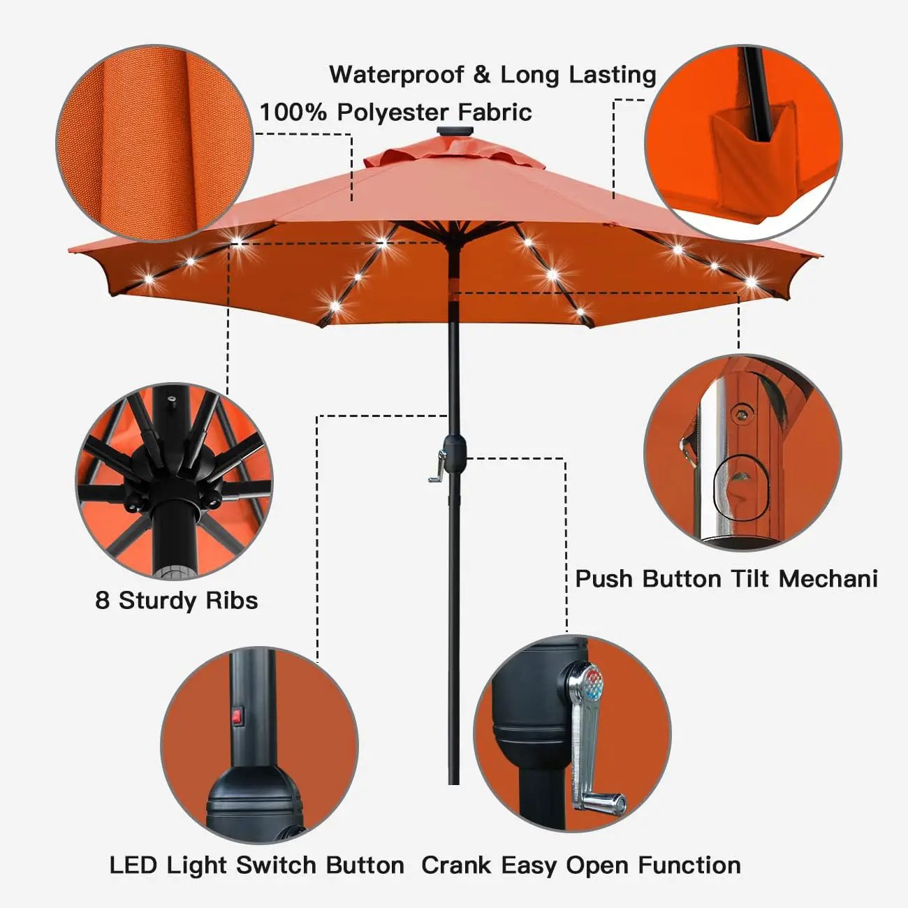 Sunnyglade 9' Solar LED Lighted Patio Umbrella with 8 Ribs/Tilt Adjustment and Crank Lift System (Orange) by GreenHaven Gardens