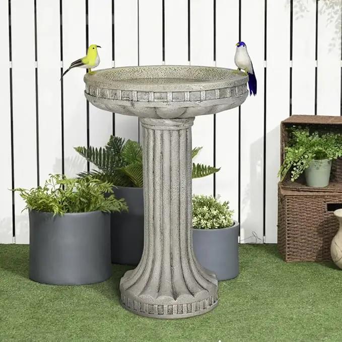 24 Inch Height Outdoor Bird Bath - Fibre Reinforced Concrete Large Bird Bath Stylish with Modern Pedestal for Garden, Patio, Backyard, Lawn - 16”W X 24”H Contemporary Birdbaths & Supports by GreenHaven Gardens