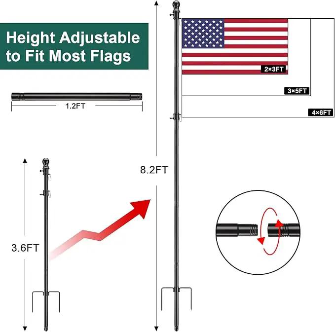 Yard Flag Pole for Outside House in Ground - 8.5 ft Tangle Free Stainless Steel Flagpole with 2 Anti-Tip Prong Base,Portable Flag Pole kit with 3x5 American Flag for Outdoor RV Camper,Black by GreenHaven Gardens
