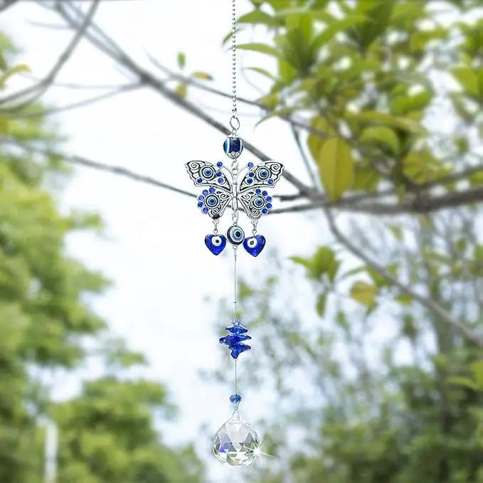 Turkish Blue Evil Eye Butterfly Wall Hanging with Crystal Suncatcher Ornament for Home Decor Protection Good Luck Blessing Housewarming Birthday Gift by GreenHaven Gardens