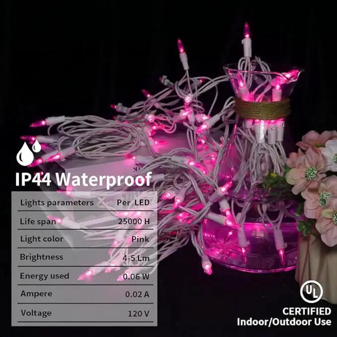 Pink LED Christmas Lights - 100 Count Pink Christmas String Lights for Tree, Party, Bedroom, Wedding, Indoor and Outdoor Valentines Day Decorations, 33 Feet White Wire, UL Certified, Connectable by GreenHaven Gardens