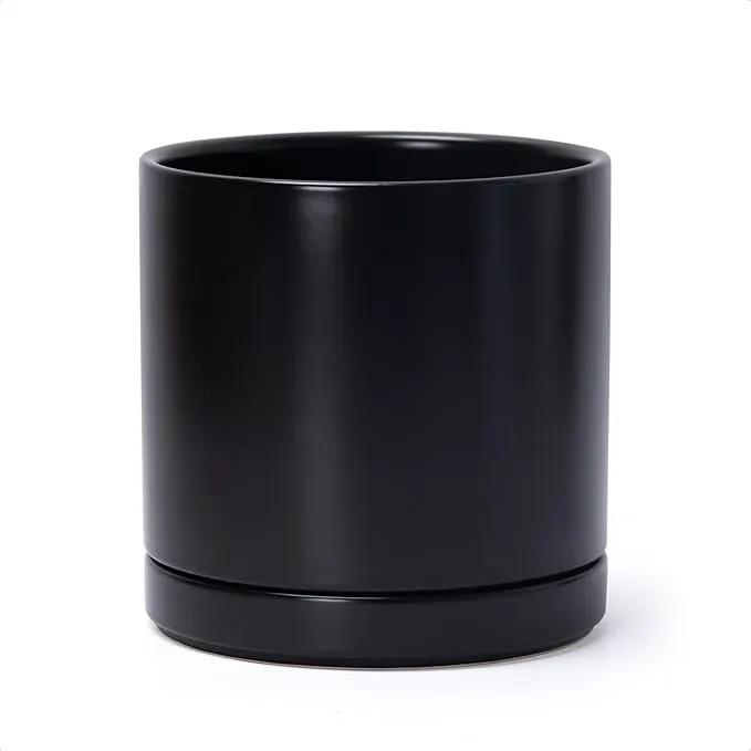 D'vine Dev 8 Inch Ceramic Planter Pot with Drainage Hole and Saucer, Indoor Cylinder Round Planter Pot, Black, 94-O-D-2 by GreenHaven Gardens