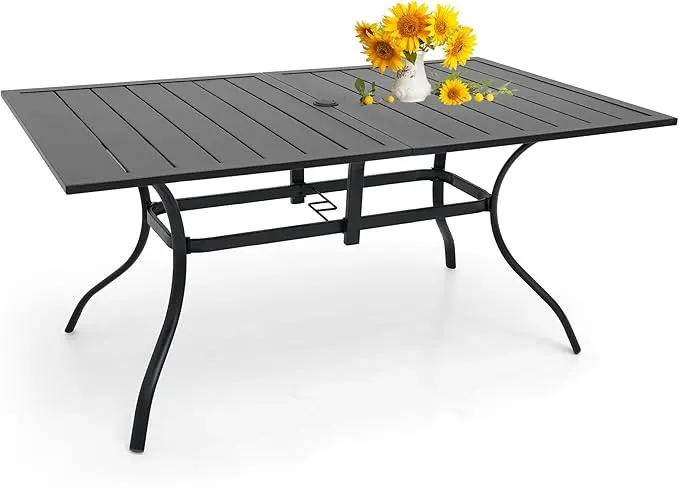 Outdoor Patio Table for 6 Person, Patio Dining Rectangle Table with 1.57" Umbrella Hole for Garden Lawn Backyard Parties, Black Metal Frame 63" L x 38" W x 28" H by GreenHaven Gardens