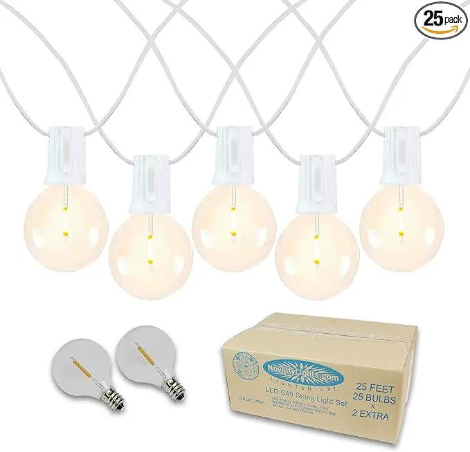 Novelty Lights 25 Feet G40 LED Patio String Lights with 25 Bulbs, Warm White, Weather Resistant and Shatterproof Replaceable Plastic Globe Bulbs, White Wire by GreenHaven Gardens