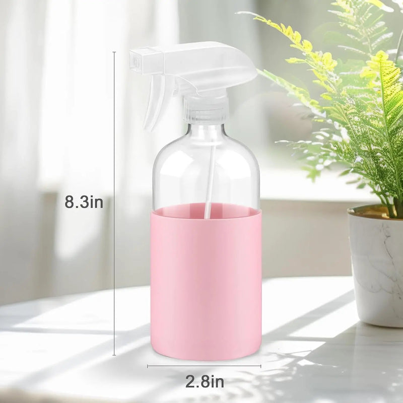 2 Pack Glass Spray Bottles with Long Silicone Sleeve, 16 oz Empty Refillable Containers with Adjustable Spray Nozzles, Spray Bottles for Hair, Cleaning Solutions and Plants Pink by GreenHaven Gardens