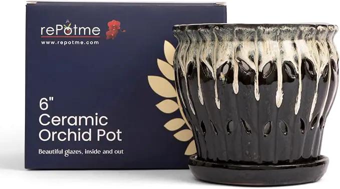 rePotme 6" Pinwheel Fluted Ceramic Plant Pot (Honey Cream Over Coffee) - - Includes Free 6 inch Slotted Pot Liner - Great for Orchids, Succulents, and All Indoor Plants by GreenHaven Gardens