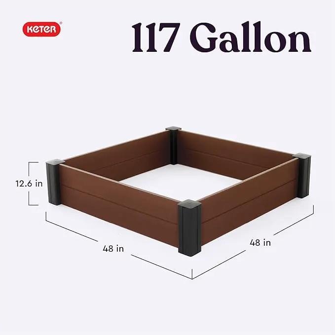 Keter 48" X 48" inches Wood Look Raised Garden Bed, Durable Outdoor Herb Garden Planter for Vegetables, Flowers, and Succulents, Brown by GreenHaven Gardens