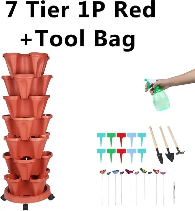 Vertical Planter, 7 Tier Stackable Strawberry Planter with Garden Tool Set, Movable Indoor/Outdoor Garden Herb Pot for Growing Vegetables and Succulents, Red by GreenHaven Gardens