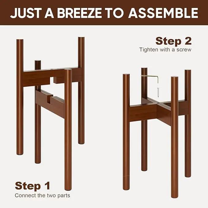 MUDEELA 2 Pack Adjustable Plant Stand Indoor, Bamboo Plant Stand 8 to 12 Inches, Single Floor Plant Stand for Indoor Plants, Bamboo Dark Brown Planter Stand for Indoor Plants, Pot Plant Not Included by GreenHaven Gardens