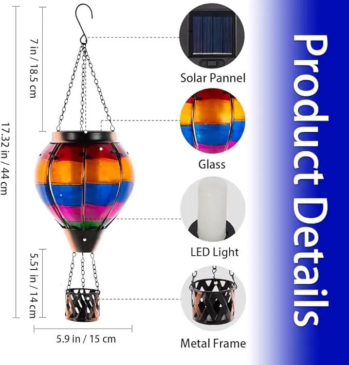 Unique Hot Air Balloon Solar Lantern with Flickering Flame, Handmade Glass Hanging Outdoor Lantern Waterproof Lantern Lamp for Patio, Garden, Porch by GreenHaven Gardens