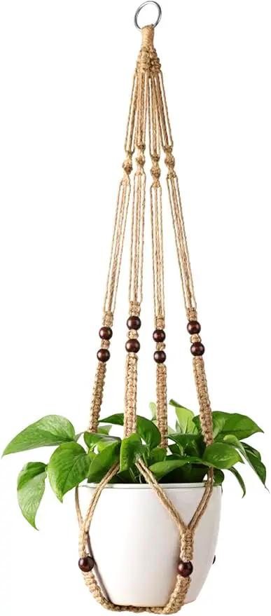 Mkono Macrame Plant Hanger Indoor Jute Hanging Planter Basket with Wood Beads Decorative Flower Pot Holder No Tassels for Indoor Outdoor Boho Home Decor 35 Inch, Brown, Set of 1 (POTS NOT Included) by GreenHaven Gardens