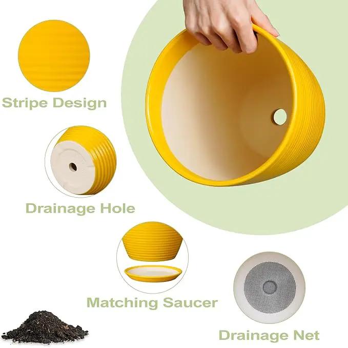 12 Inch Pots for Plants - Ceramic Planter for Indoor Plants Large Plant Pot with Drainage Hole and Saucer Round Outdoor Flower Pot for Garden Home Patio Office Yellow by GreenHaven Gardens