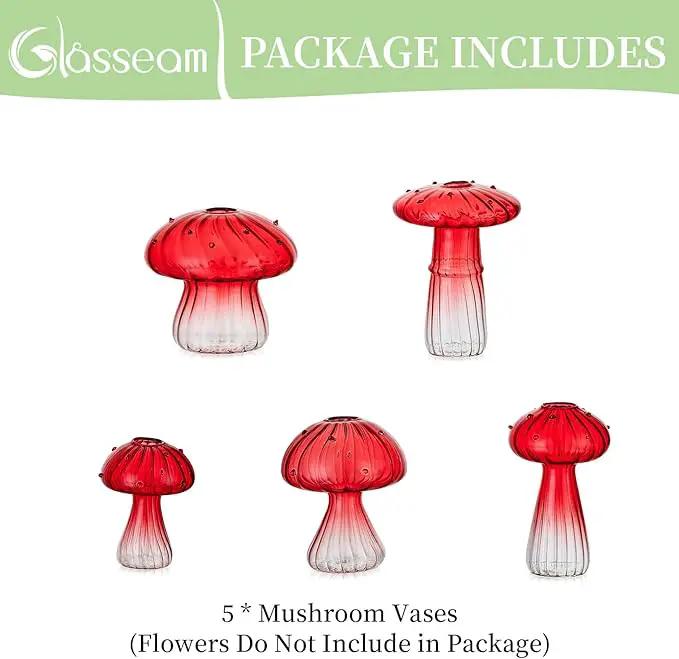 Glasseam Mushroom Plant Propagation Stations: Red Glass Terrarium Jar Set of 5 Cute Planters for Indoor Plants Decorative Propagate Station Unique Christmas Birthday Gifts for Women Home Office Decor by GreenHaven Gardens