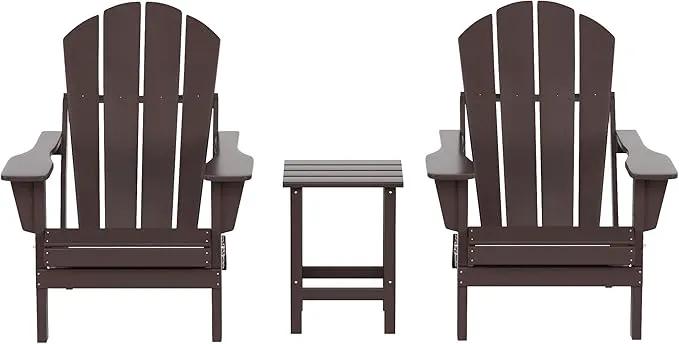 WO Home Furniture Adirondack Chairs Table Set of 3 PCS Outdoor Folding Chairs Side End Table Weather/UV Resistant for Lawn, Garden, Bon Fire, Balcony (Dark Brown) by GreenHaven Gardens