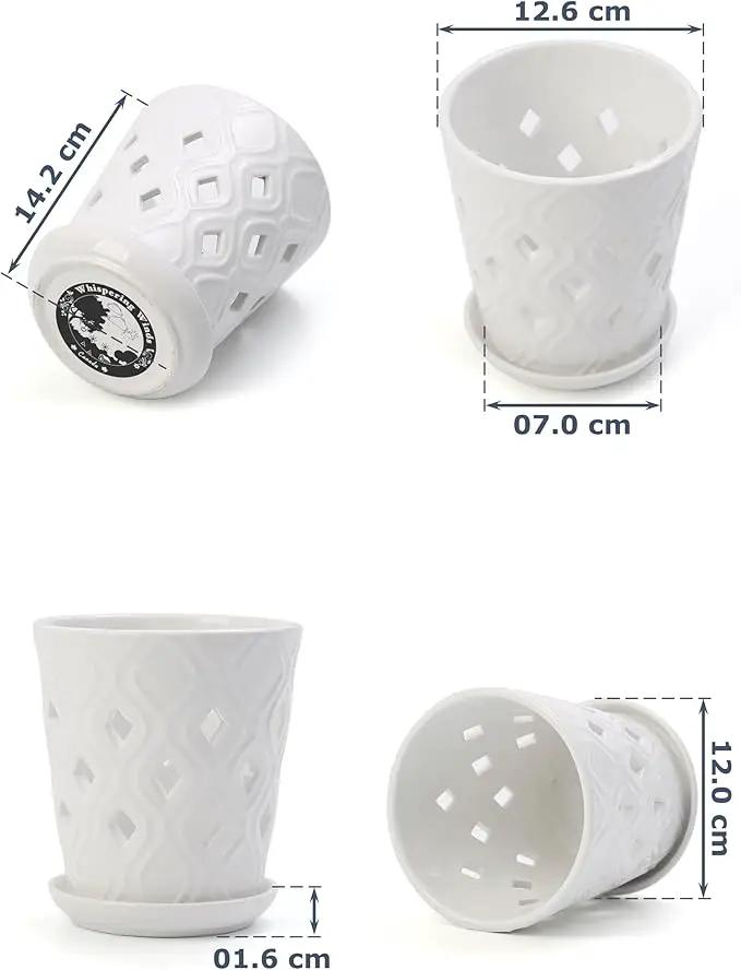 Whispering Winds Ceramic 5 x 6 Inch Orchid Pot with Holes & Saucer for Aeration and Drainage - Decorative Orchid Pots for Repotting, Prevent Over Watering & Root Rot (Carrara White) by GreenHaven Gardens