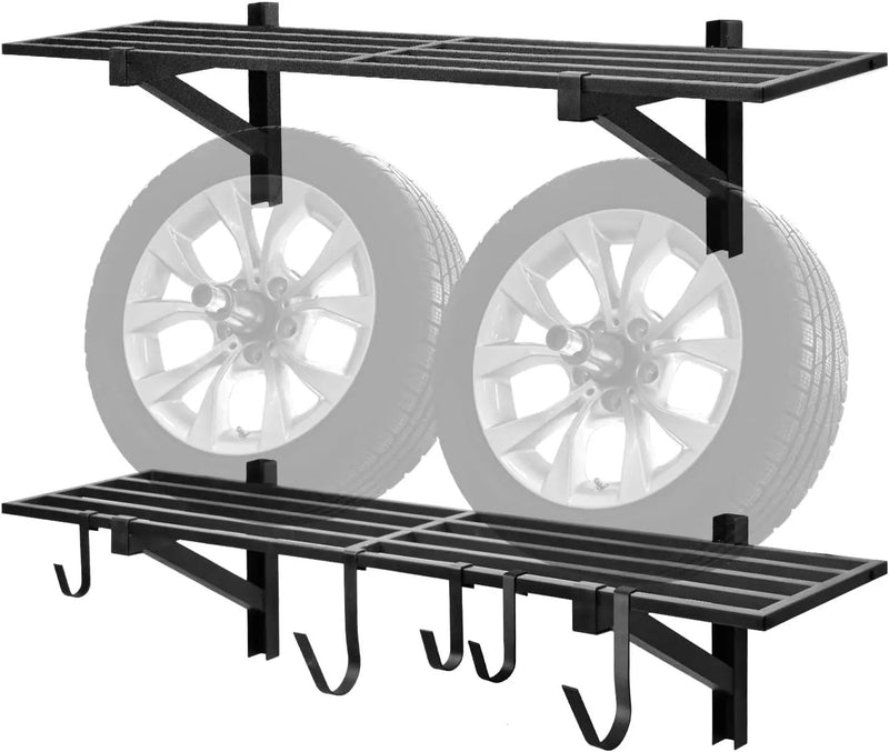 2 Pack Heavy Duty Garage Wall Shelving, 1' x 4' Wall Mount Storage, Holds 200 lbs Each, Garage Shelving Wall Mounted, Storage Rack with Hooks (Black) by GreenHaven Gardens