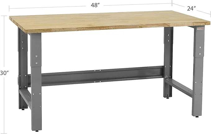 Table & Workbench: 1" Thick Solid Wood Oiled Butcher Block Top, Height Adjustable 24" D x 48" L x 30" - 36" H - by BenchPro by GreenHaven Gardens