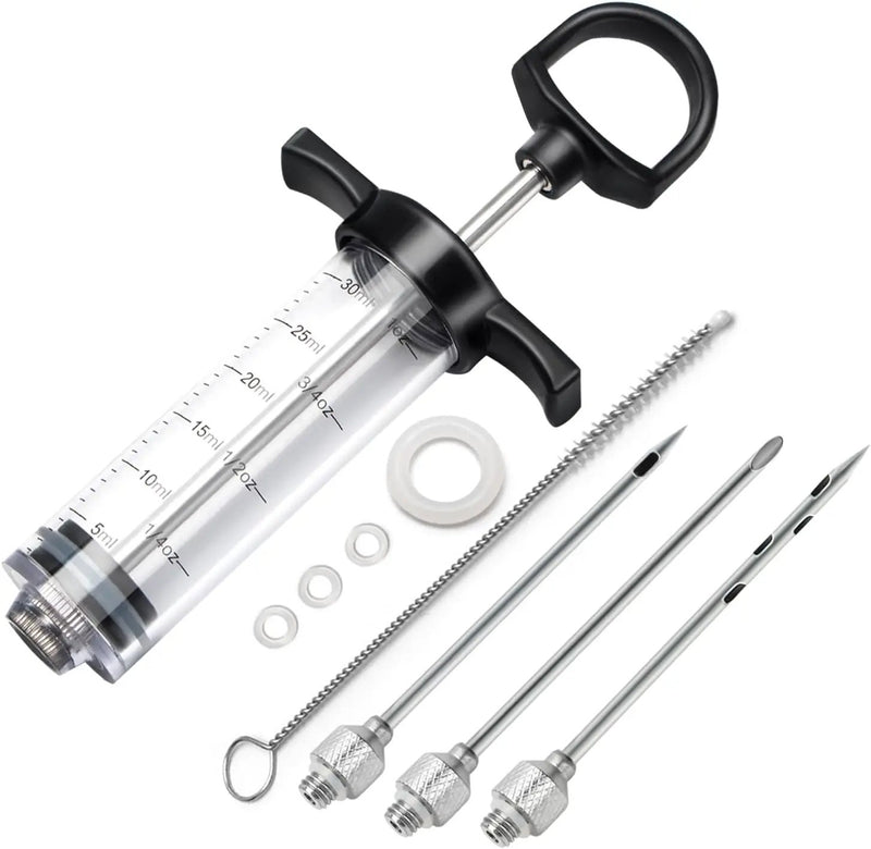 Plastic Meat Injector Kit for Smoker with 3 Flavor Food Syringe Needles, Ideal for Injecting Marinade into Turkey, Meat, Brisket; 1-OZ; Including Paper User Manual, Recipe E-Book (PDF) by GreenHaven Gardens