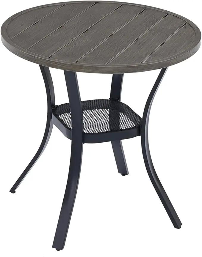 VICLLAX 27.5" Outdoor Round Patio Table for Lawn Garden, All Weather Metal Round Patio Dining Table with Storage Shelf, 2 Person Small Patio Table, Grey Wood-Like Tabletop by GreenHaven Gardens