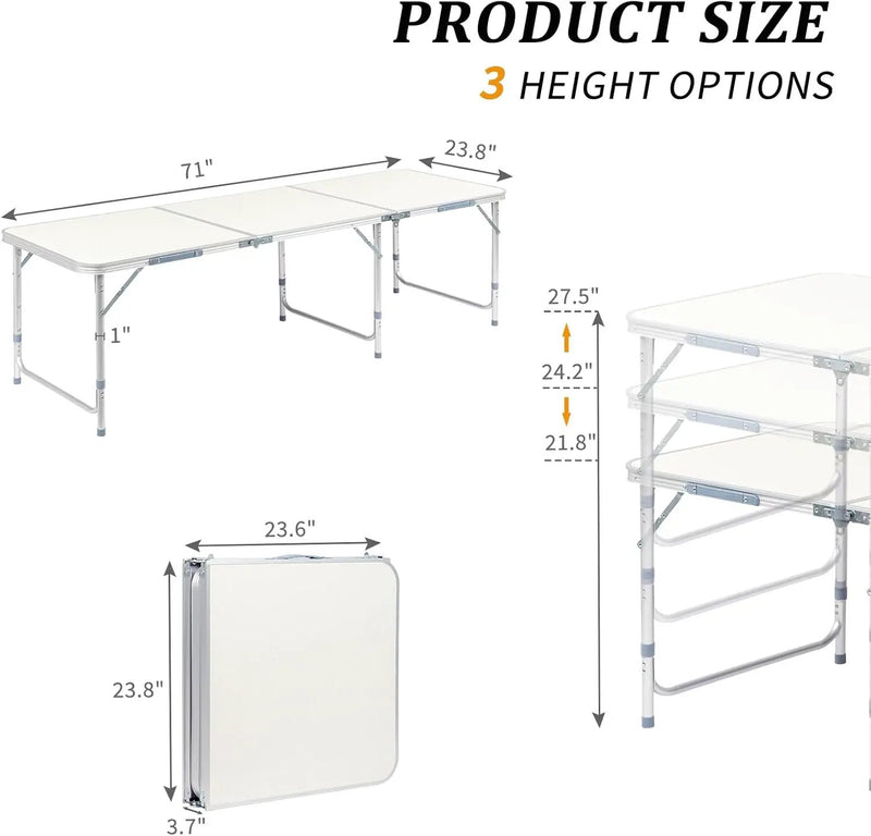 Outvita 6ft Portable Folding Camping Table, Outdoor Waterproof Adjustable Height Table, Aluminum Lightweight Suitcase Foldable Table for Picnic BBQ Beach Dining by GreenHaven Gardens
